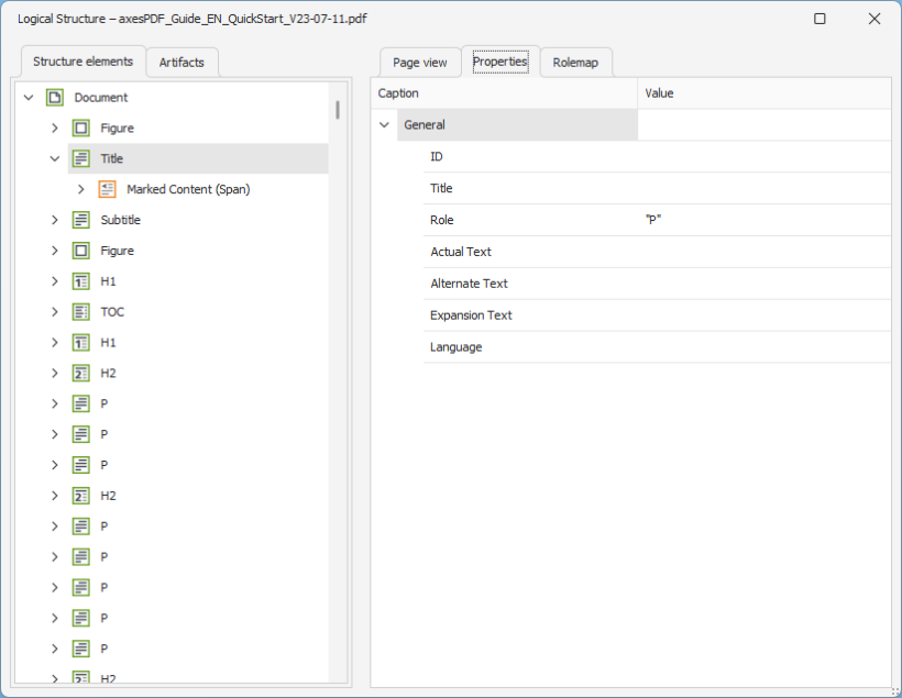 Screenshot of the properties view in the "Logical structure" window