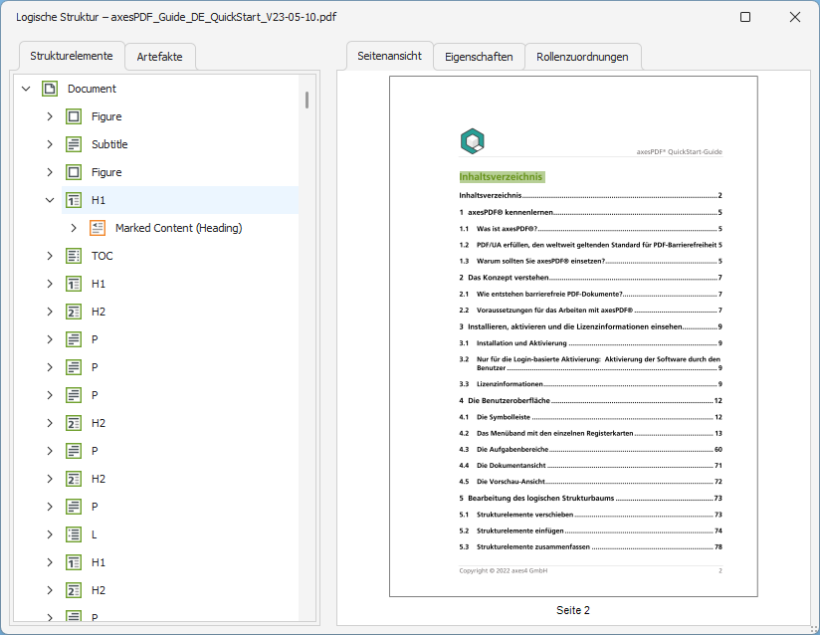 Screenshot der Seitenansicht im Fenster "Logische Struktur"