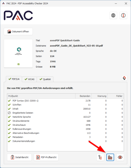 Screenshot des Hauptfensters mit hervorgehobener Schaltfläche "Dokumentenstatistik".